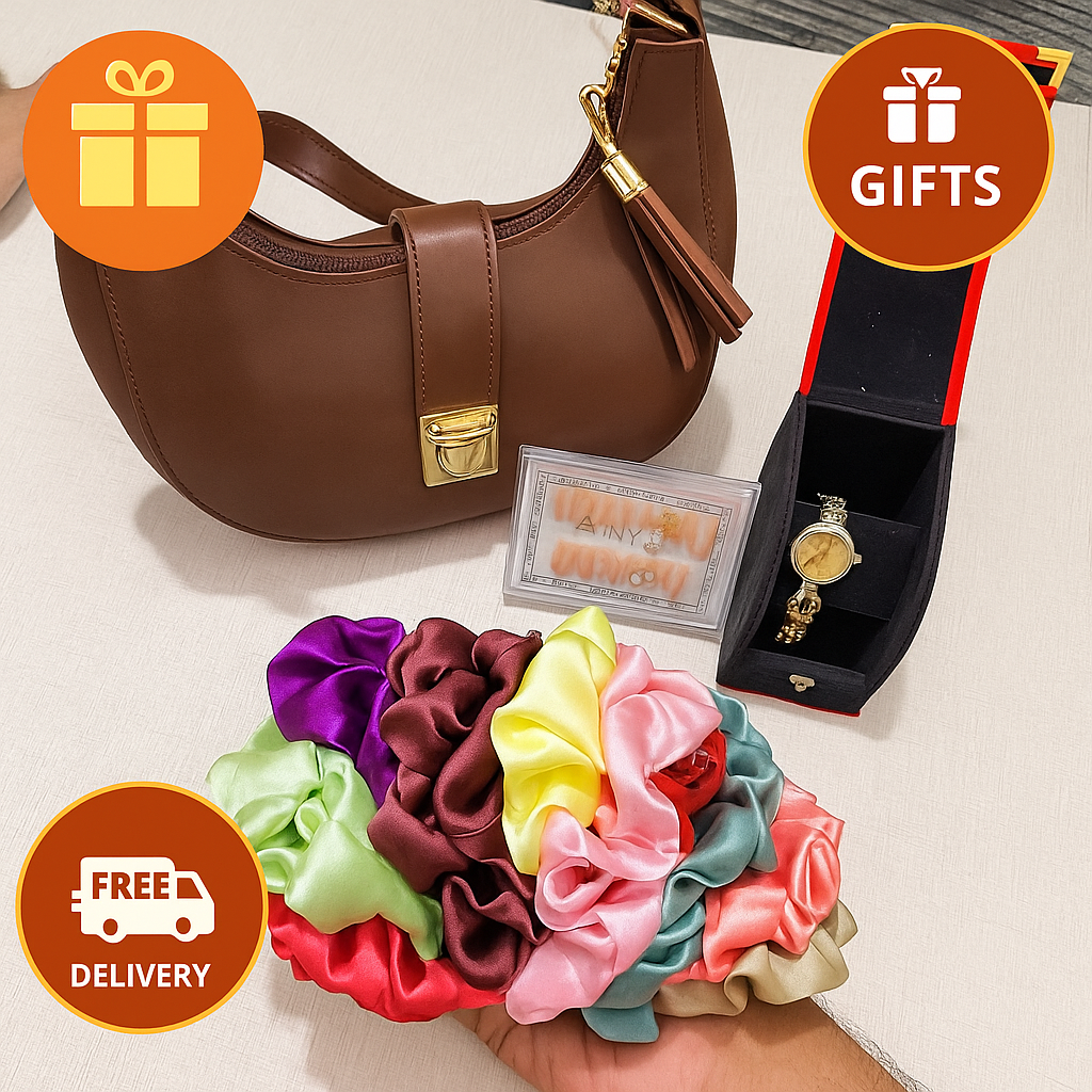 Luxury Bag Combo Stylish Bag Set with 12 Scrunchies, 12 Fake Nails & Elegant Watch – Perfect Gift Combo