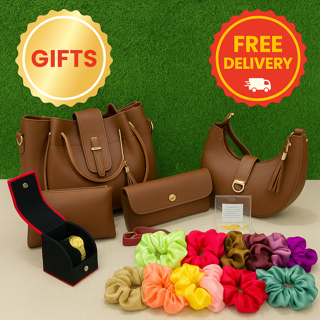 4-in-1 Stylish Bag Set with 12 Scrunchies, 12 Fake Nails & Elegant Watch – Perfect Gift Combo