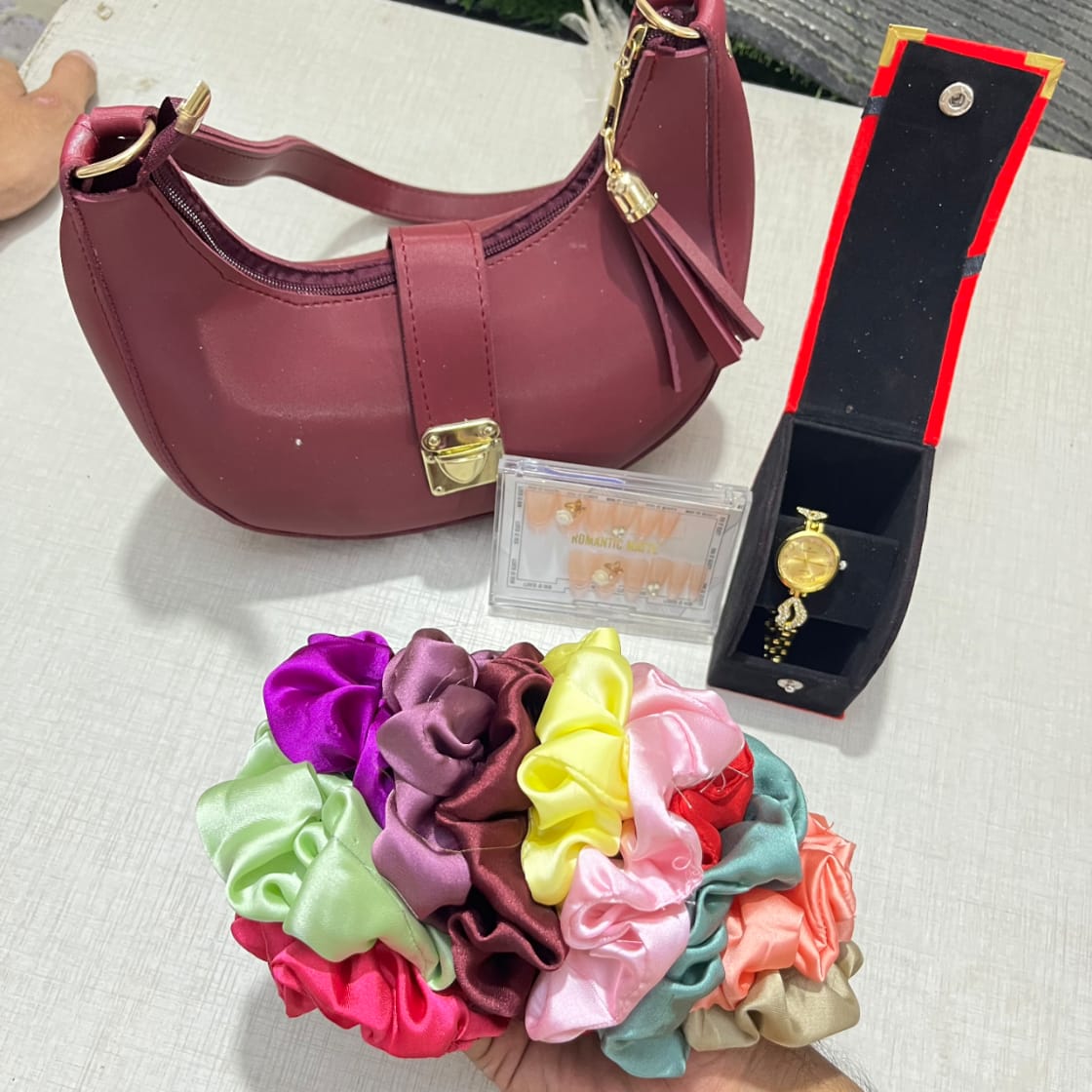 Luxury Bag Combo Stylish Bag Set with 12 Scrunchies, 12 Fake Nails & Elegant Watch – Perfect Gift Combo