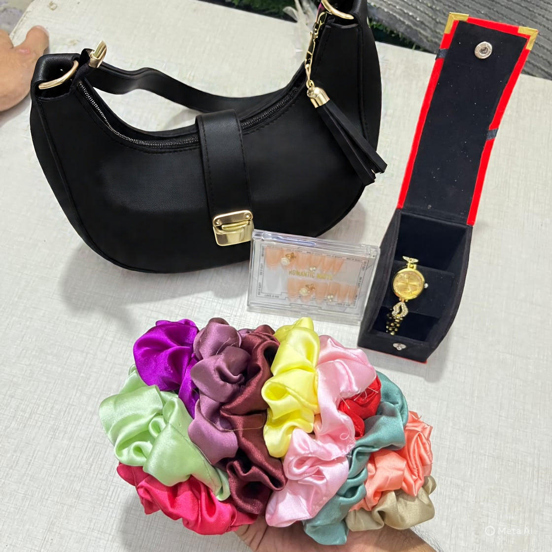 Luxury Bag Combo Stylish Bag Set with 12 Scrunchies, 12 Fake Nails & Elegant Watch – Perfect Gift Combo