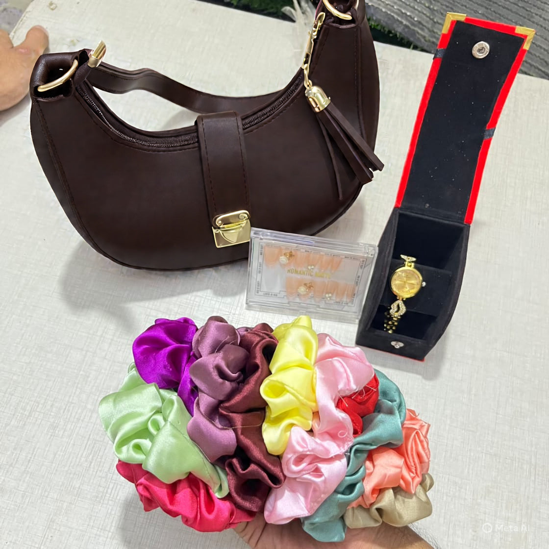 Luxury Bag Combo Stylish Bag Set with 12 Scrunchies, 12 Fake Nails & Elegant Watch – Perfect Gift Combo