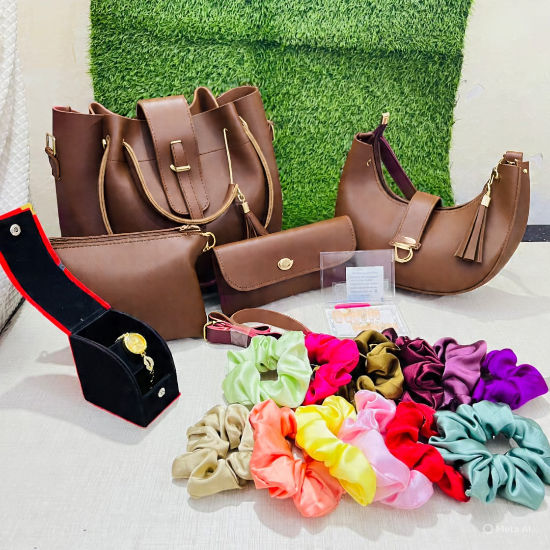 4-in-1 Stylish Bag Set with 12 Scrunchies, 12 Fake Nails & Elegant Watch – Perfect Gift Combo