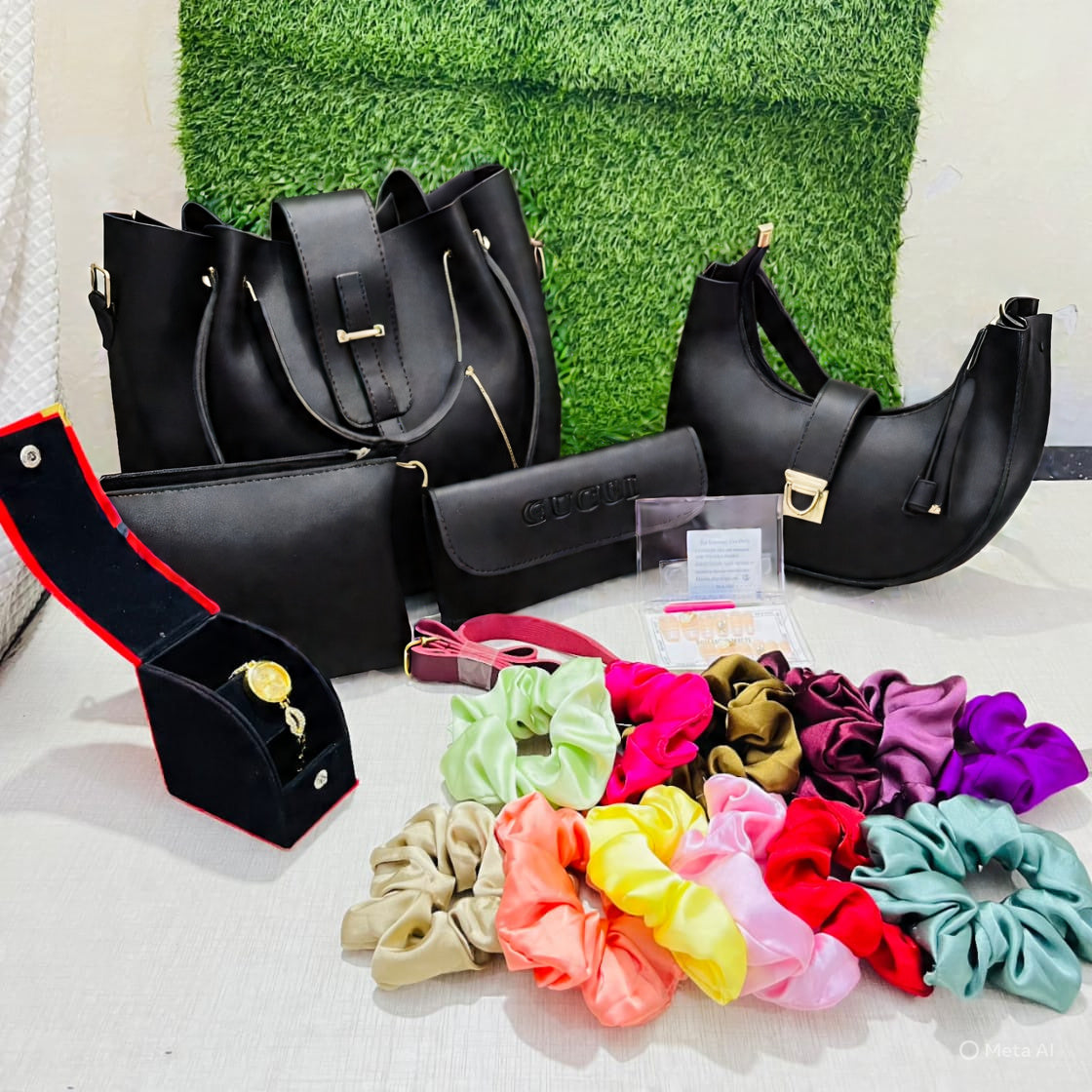 4-in-1 Stylish Bag Set with 12 Scrunchies, 12 Fake Nails & Elegant Watch – Perfect Gift Combo