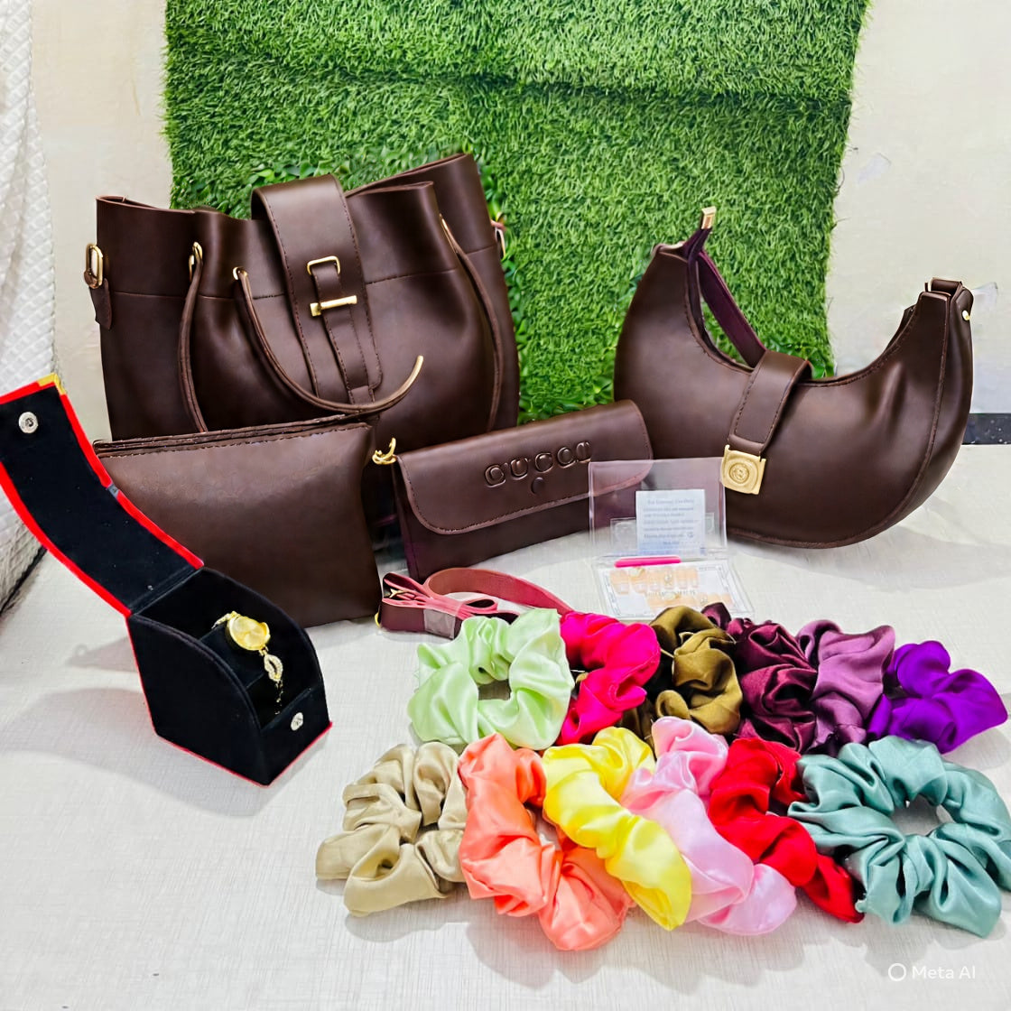 4-in-1 Stylish Bag Set with 12 Scrunchies, 12 Fake Nails & Elegant Watch – Perfect Gift Combo