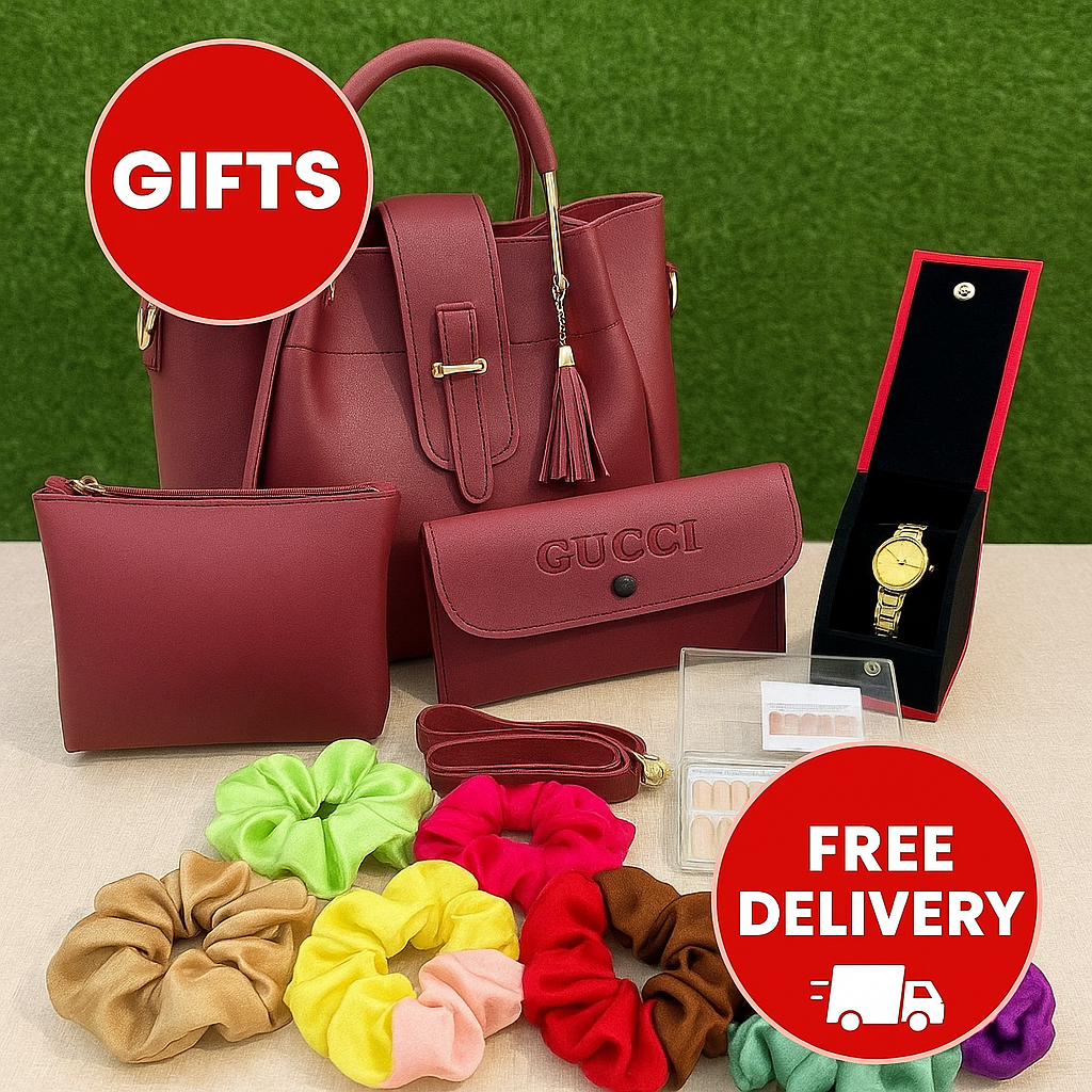 3-in-1 Stylish Bag Set with 12 Scrunchies, 12 Fake Nails & Elegant Watch – Perfect Gift Combo