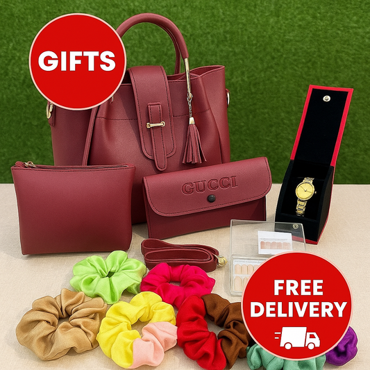 3-in-1 Stylish Bag Set with 12 Scrunchies, 12 Fake Nails & Elegant Watch – Perfect Gift Combo