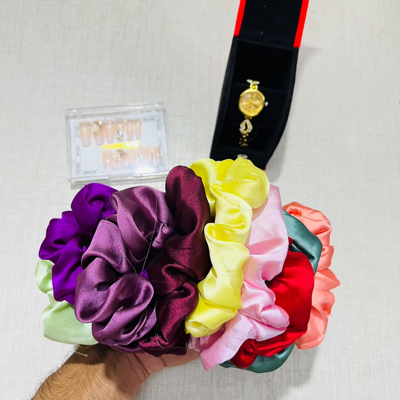 Luxury Bag Combo Stylish Bag Set with 12 Scrunchies, 12 Fake Nails & Elegant Watch – Perfect Gift Combo