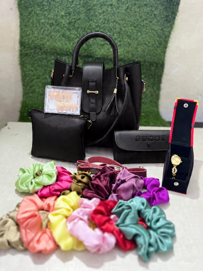 3-in-1 Stylish Bag Set with 12 Scrunchies, 12 Fake Nails & Elegant Watch – Perfect Gift Combo