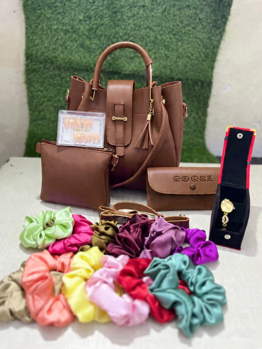 3-in-1 Stylish Bag Set with 12 Scrunchies, 12 Fake Nails & Elegant Watch – Perfect Gift Combo