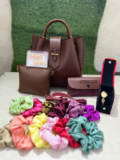 3-in-1 Stylish Bag Set with 12 Scrunchies, 12 Fake Nails & Elegant Watch – Perfect Gift Combo