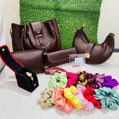 4-in-1 Stylish Bag Set with 12 Scrunchies, 12 Fake Nails & Elegant Watch – Perfect Gift Combo